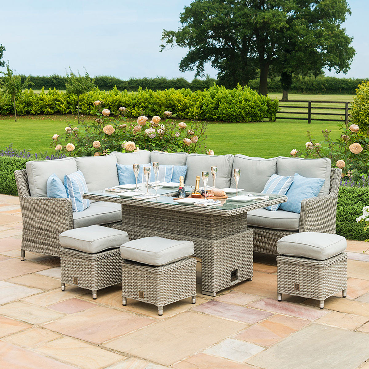 Maze Oxford Grey Rattan Outdoor Corner Sofa Dining Set with Ice Bucket & Rising Table | 6-8 Seater